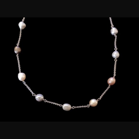 925 Sterling SIlver Multi Colored Natural Pearl 8.7mm 18" Long Necklace - Picture 3 of 6